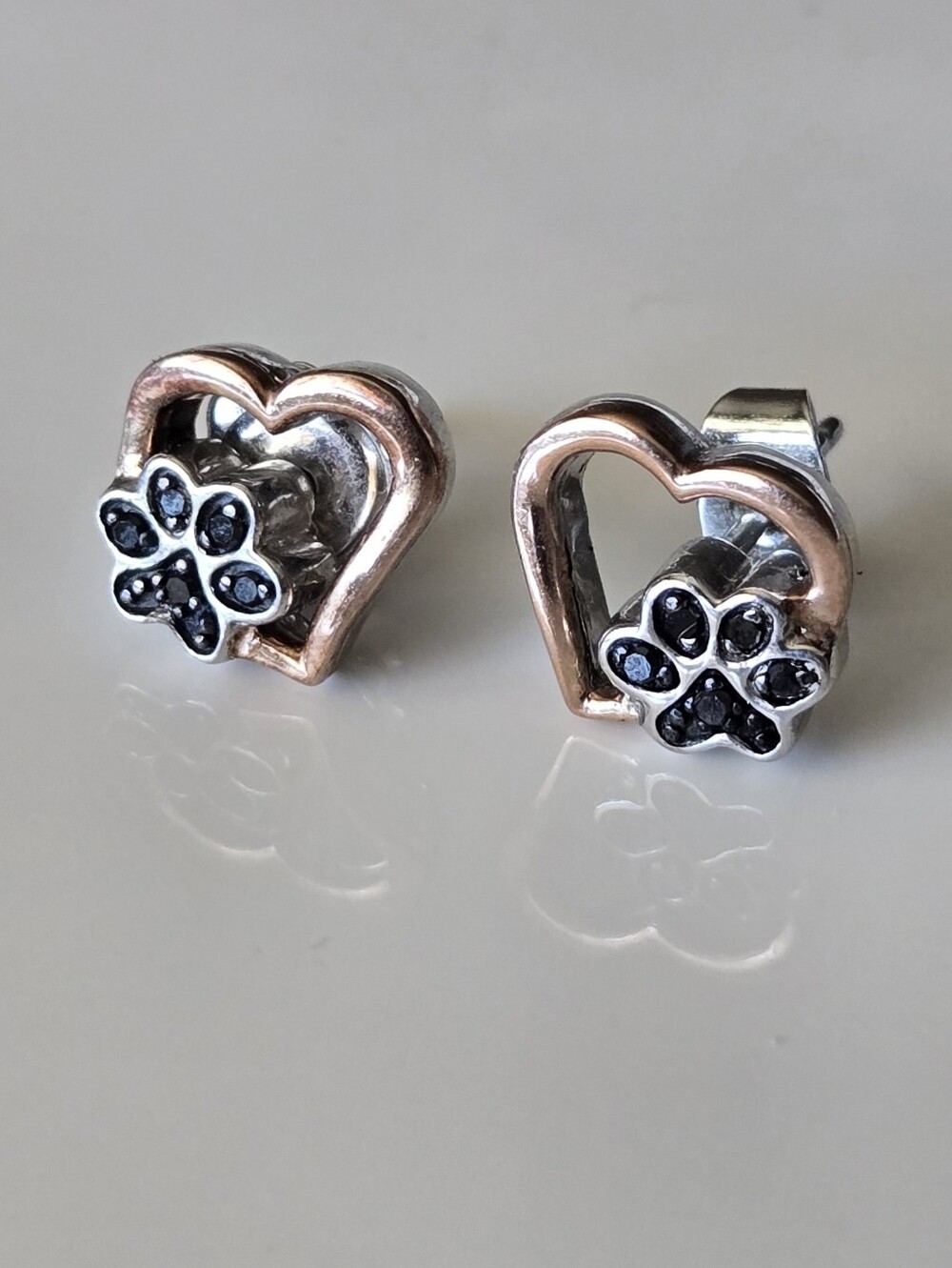 Heart & Paw Stud Earrings -10k Rose Gold and 925 Silver - Picture 6 of 12